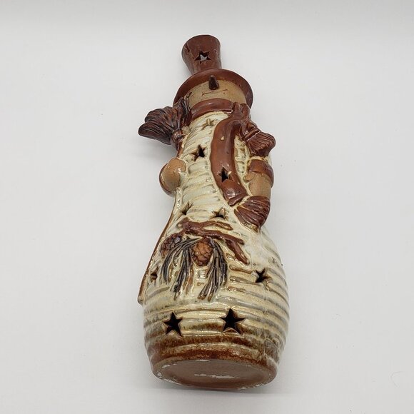Stoneware Glazed 12" Brown Beige Country Snowman Star Cut Outs Tealight Holder - Picture 5 of 12
